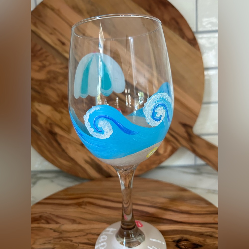Hand-Painted Beach Theme Wine Glass 60th Birthday - Picture 2 of 5